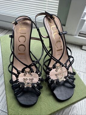 Gucci Black Leather Crystal-Logo Strappy Heels